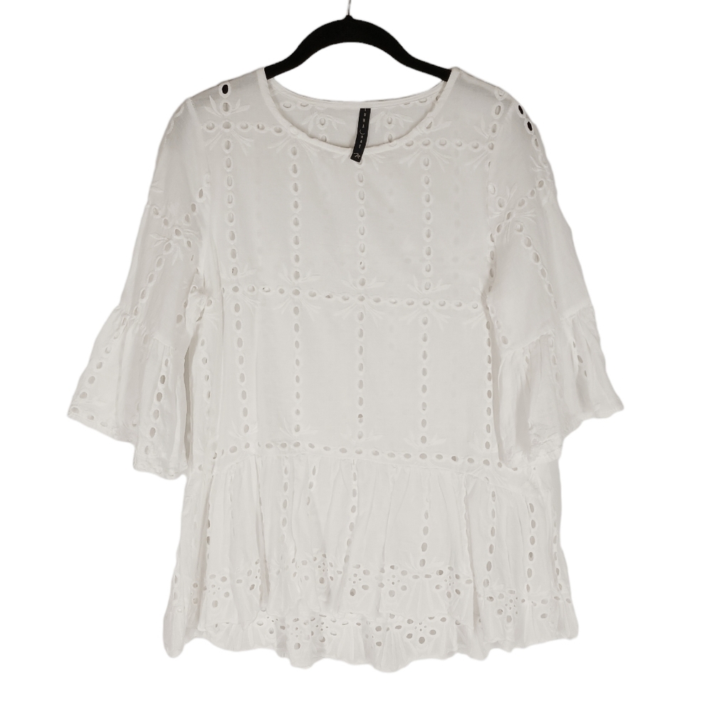 LUNA RAE White Eyelet Embroidered Short Flare Sleeve Boho Top Medium